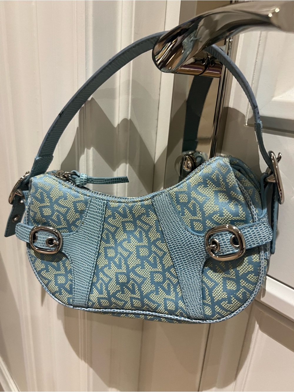 DKNY Light Blue and Cream Logo Jacquard Shoulder Bag